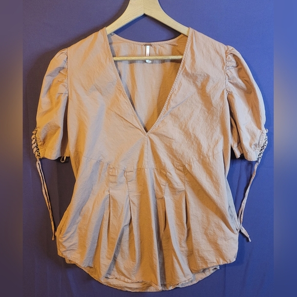Free People Tan V-Neck Cotton Blouse With Lace Up Detail. Size M - Picture 1 of 7